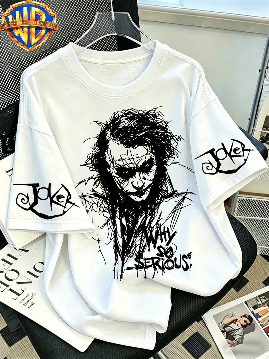 Warner Bros. Official - Classic Heath Ledger Joker JOKER Printed T-shirt, Men's 100% Pure Cotton Casual and Comfortable Multi-functional Loose Summer Short Sleeved T-shirt, Suitable for Outdoor and Daily Wear - White