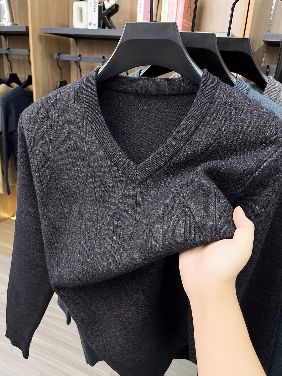 Men'S Autumn Winter New Casual Easy Long Sleeve Knit V-Neck Warm Sweater - Black Gray