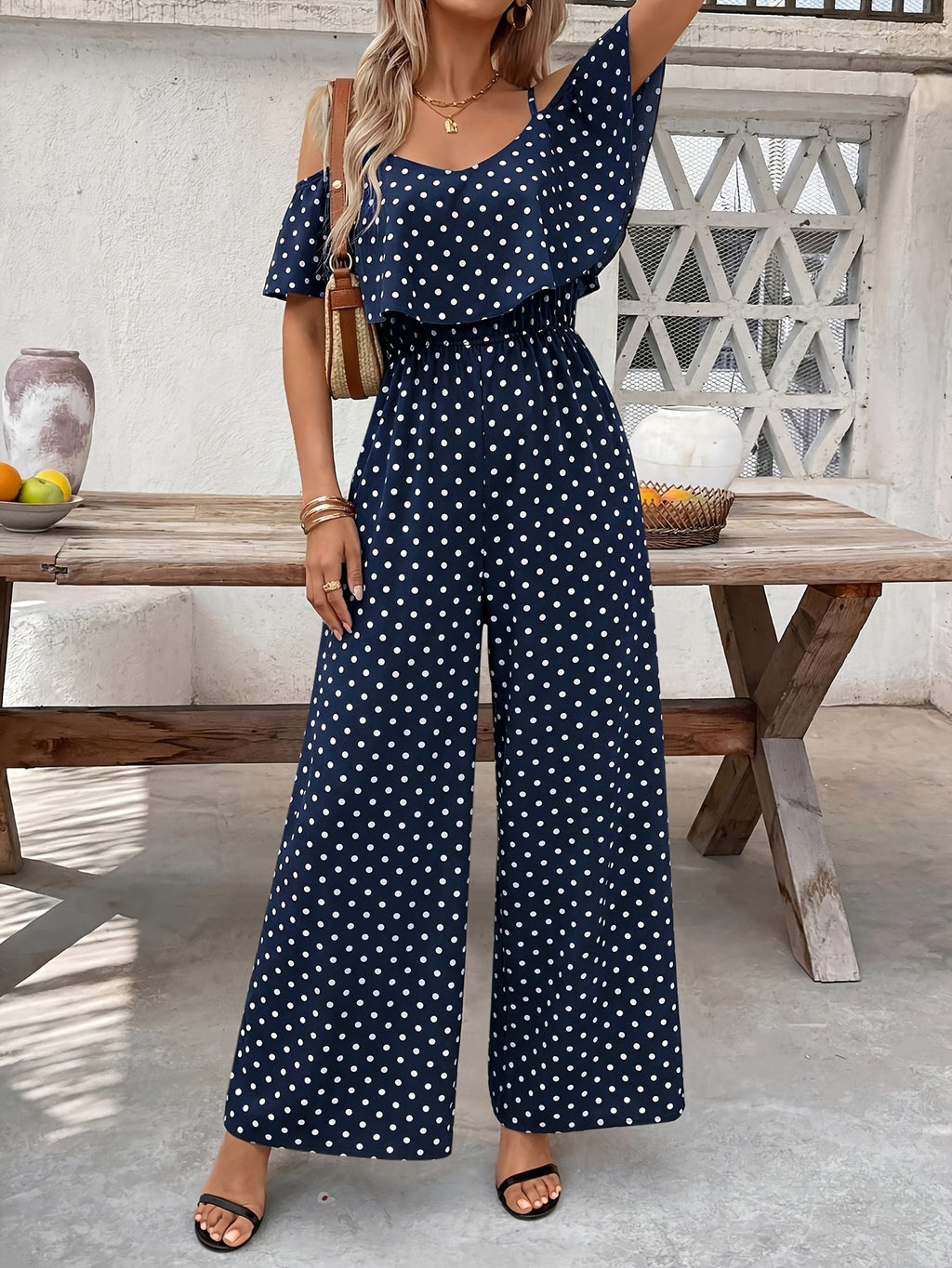 Women'S Polka Dot Ruffled Hem Waist-Cinching Loose Jumpsuit - Sea Blue