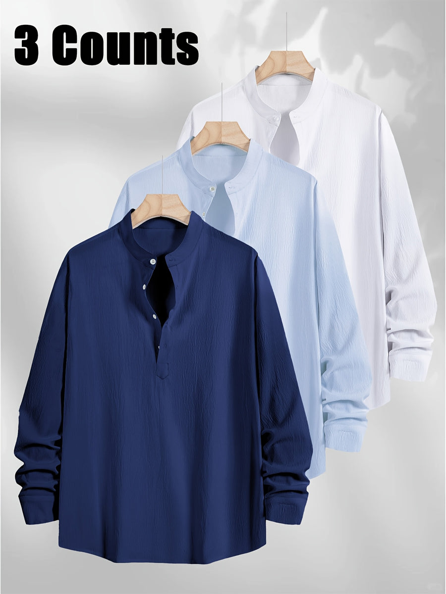 3pcs Men's Textured Slim-Fit Vacation Shirts - Long Sleeve & Short Sleeve Multi-pc, Stand Collar Button- Cuff Shirt Convertible to Short Sleeve, Breathable All-Season Hawaiian Casual Shirt Lightweight, Fashionable Minimalist for Beach Travel Vacation - Dark Blue + Sky Blue + White