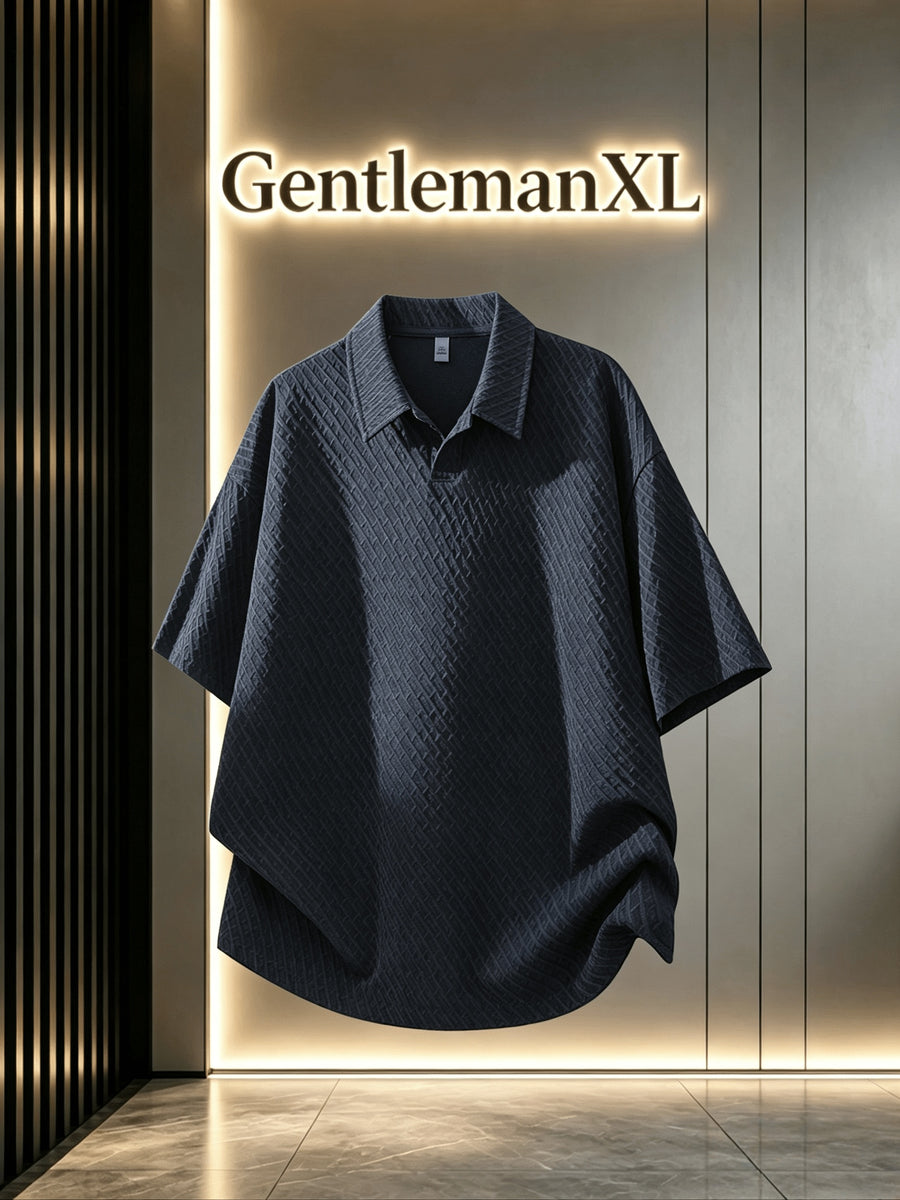Men's Summer Fiber Fabric Lapel Short-Sleeve Polo T-Shirt, Streetwear Brand Diamond Check Casual Top - Navy Color