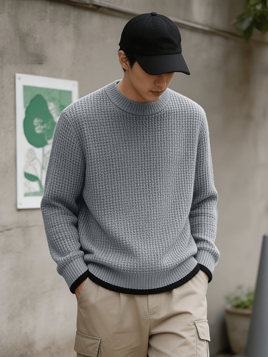 Autumn Winter Men'S Waffle Knit Round Neck Pullover Sweater, Faux Two-Piece Color Blocked Trim Long Sleeve Knit Top, Loose Drop Shoulder Warm Sweater, Suitable for Daily Commute Casual Wear - Grey
