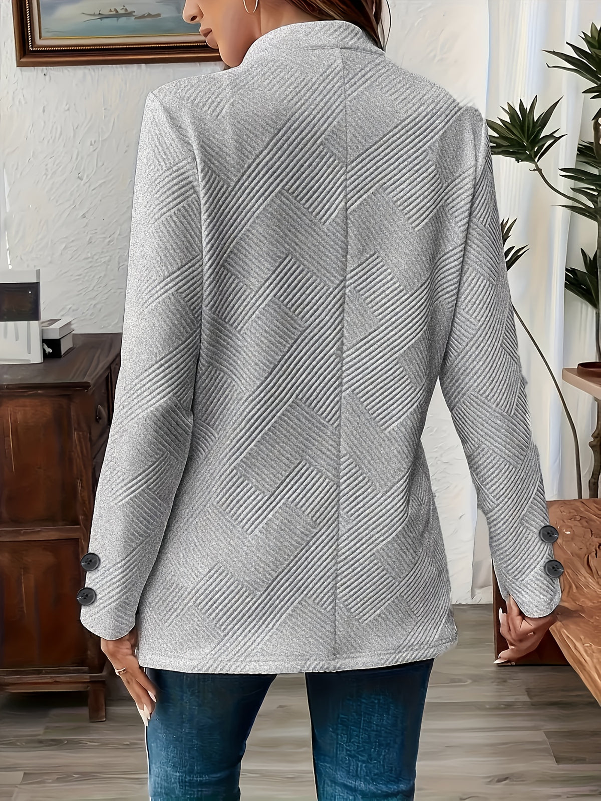 New Fashionable Solid Color Textured Double-button Decorative Pocket Long-sleeve Coat - Grey