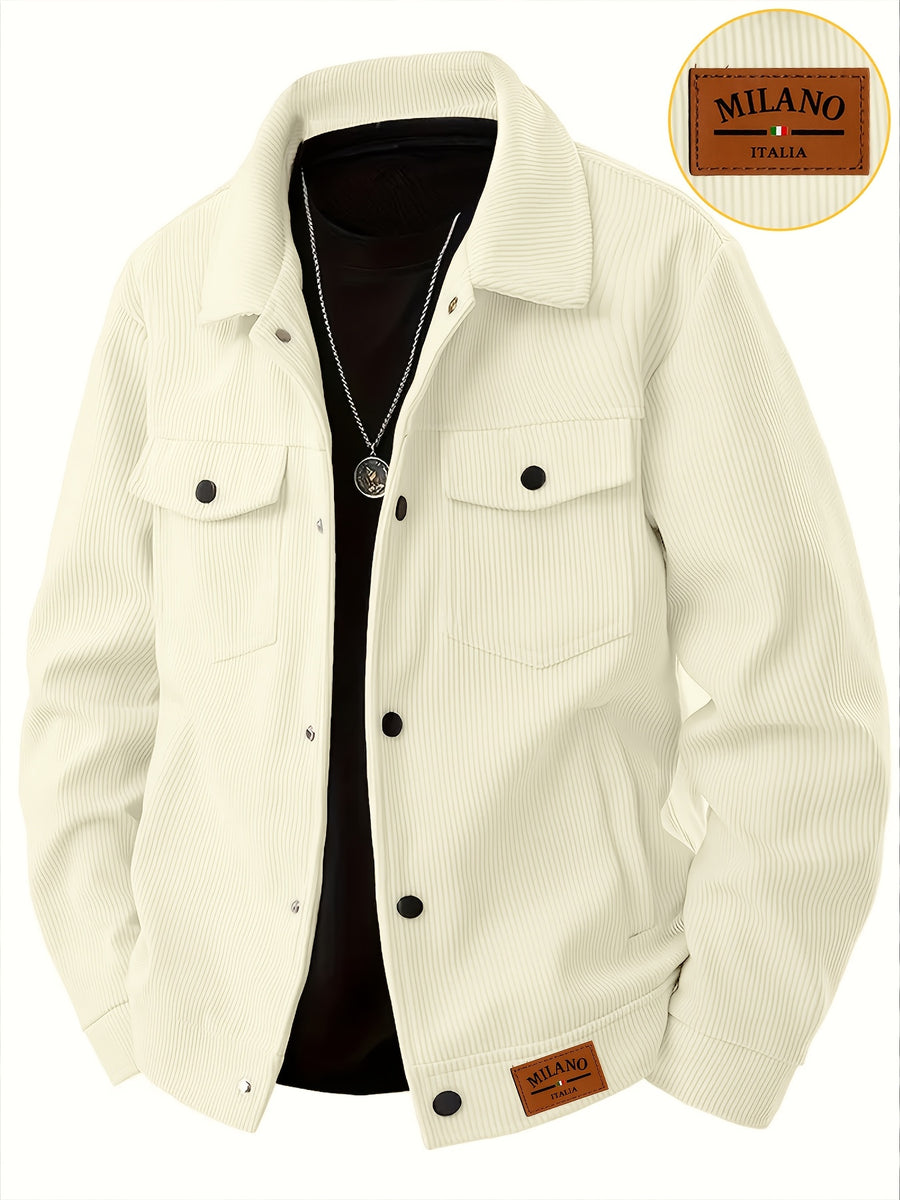 Meixishao OBM Autumn/Winter Solid Color with Random Print, Simple Encounter with Avant-Garde Cross-Border Fashion Jacket, Vintage Style Lapel Men's Corduroy Workwear Jacket Winter Clothes for Men - Milky White