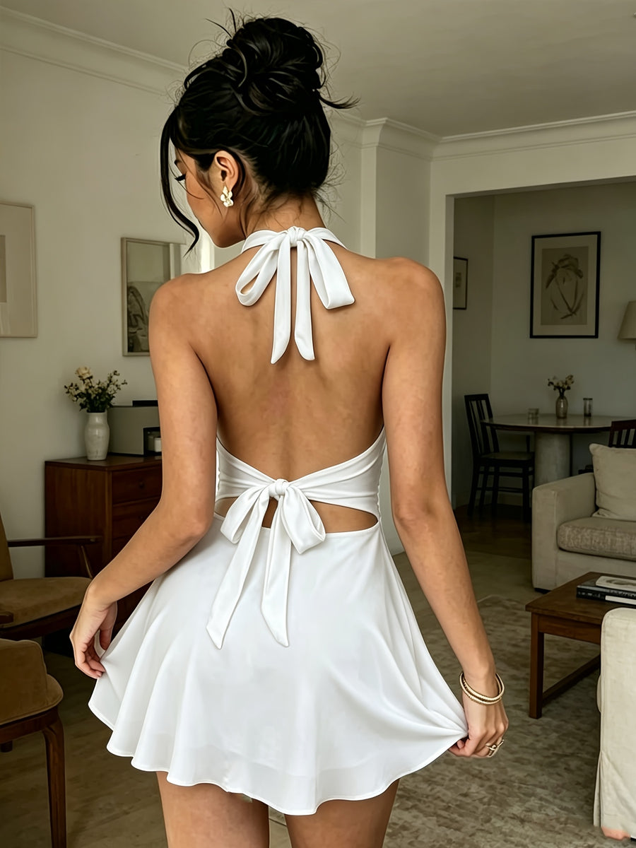 2025 Western Cross-Border Women'S V-Neck Tight Pleated Short Skirt, Sexy Backless Sleeveless Ruffled Tie Dress 1pc - White