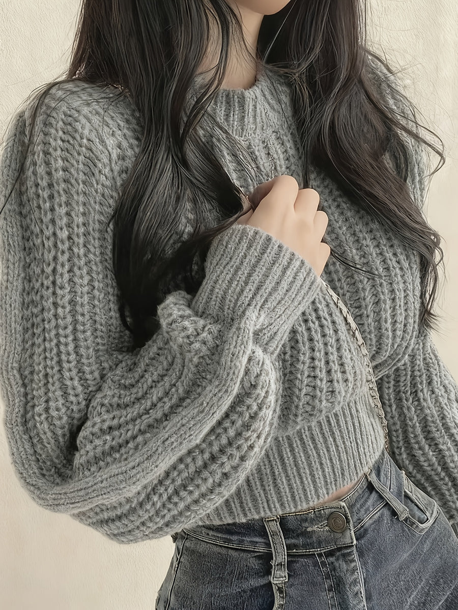 Sweater Women'S Round Neck Design Cable Texture Loose Long Sleeve Textured Three-Dimensional Interpretation Easy Cool Wear Atmosphere All-Match Top Pullover - Grey