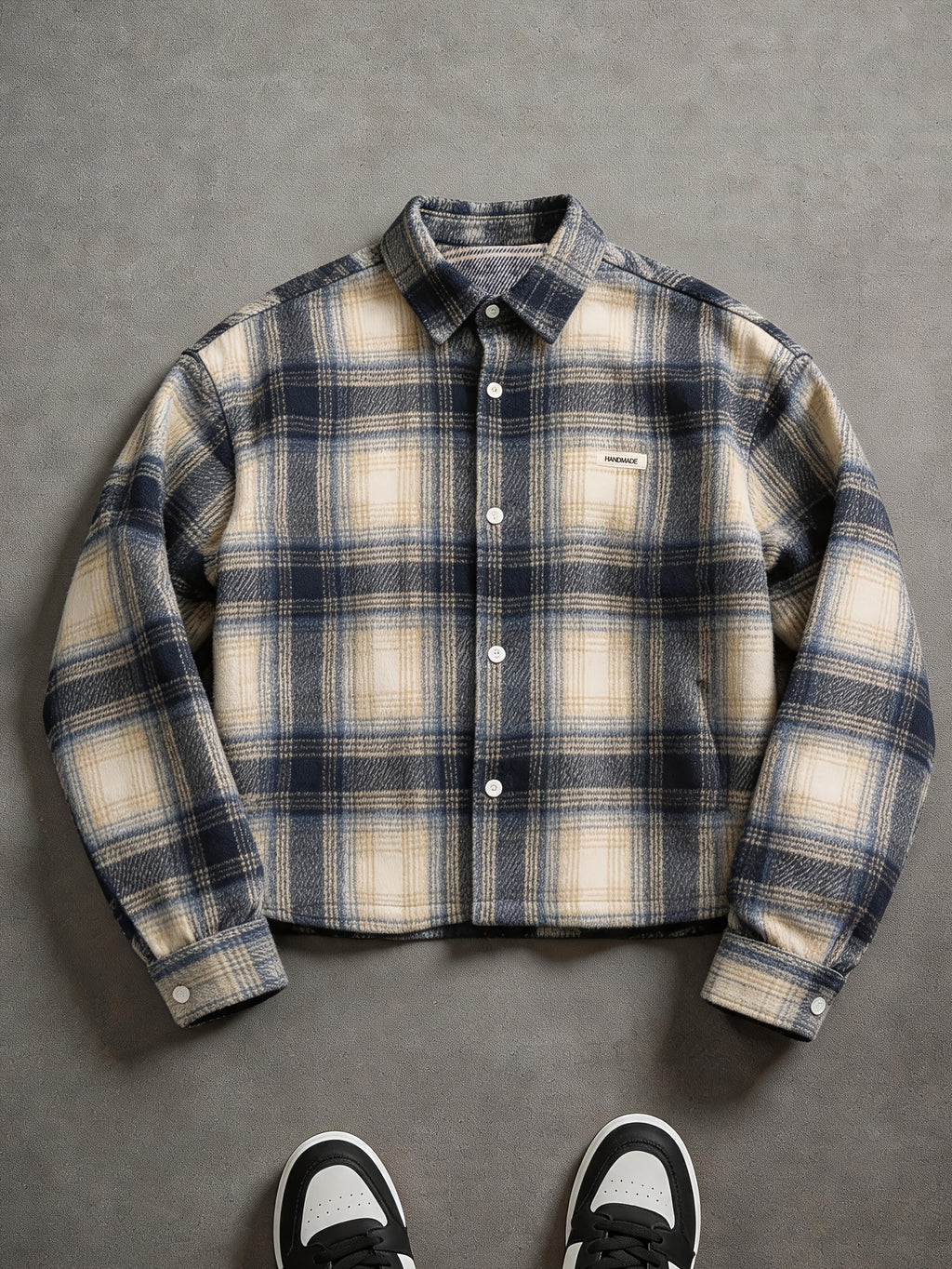 Men's Plaid Shirt with Letter and Punctuation Mark Embellishments, Trendy Streetwear Casual Versatile Autumn/Winter Short Shirt - Blue