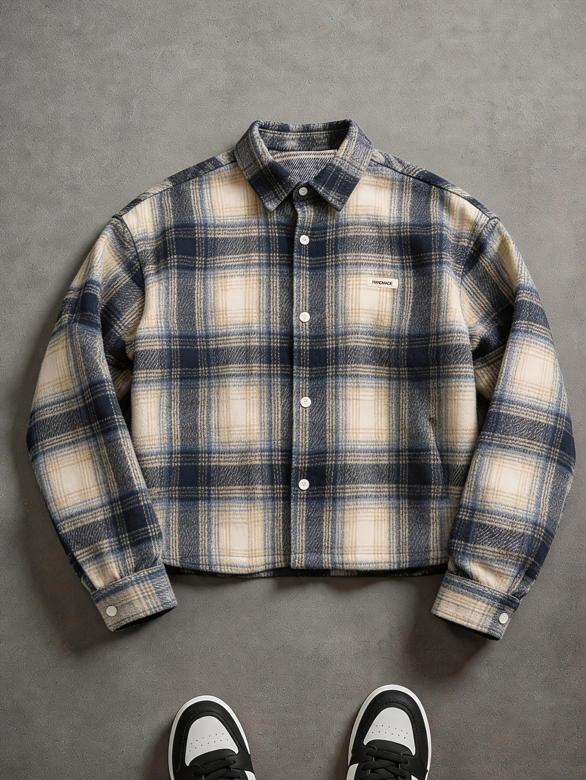 Men's Plaid Shirt with Letter and Punctuation Mark Embellishments, Trendy Streetwear Casual Versatile Autumn/Winter Short Shirt - Blue
