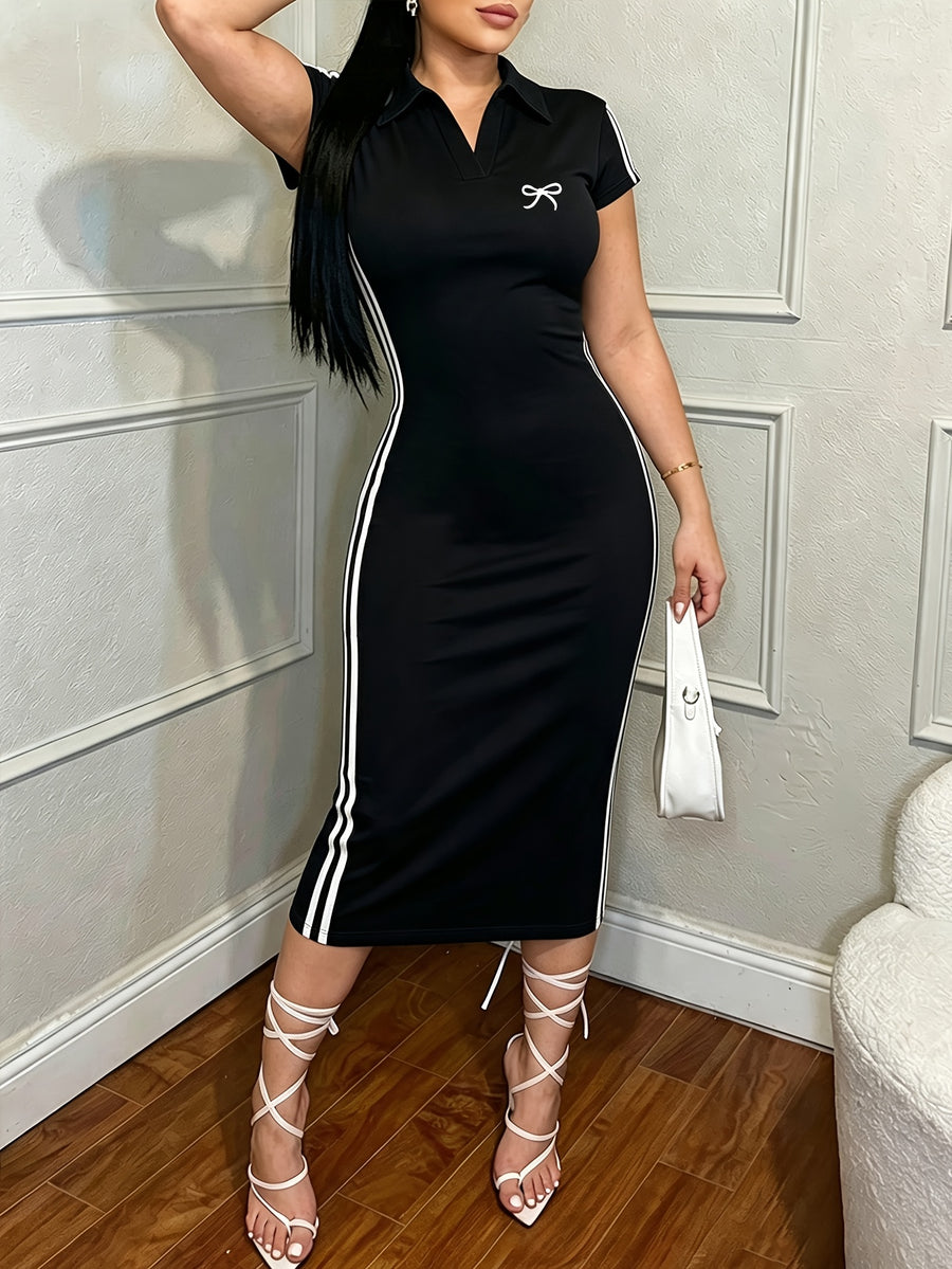 Women's Designer Bow Print Side Stripe Polo Collar Dress, Slim Fit Bodycon Long Dress, Elegant Dress, Casual Y Style, Versatile for Commuting, Women's Summer Dress - Black