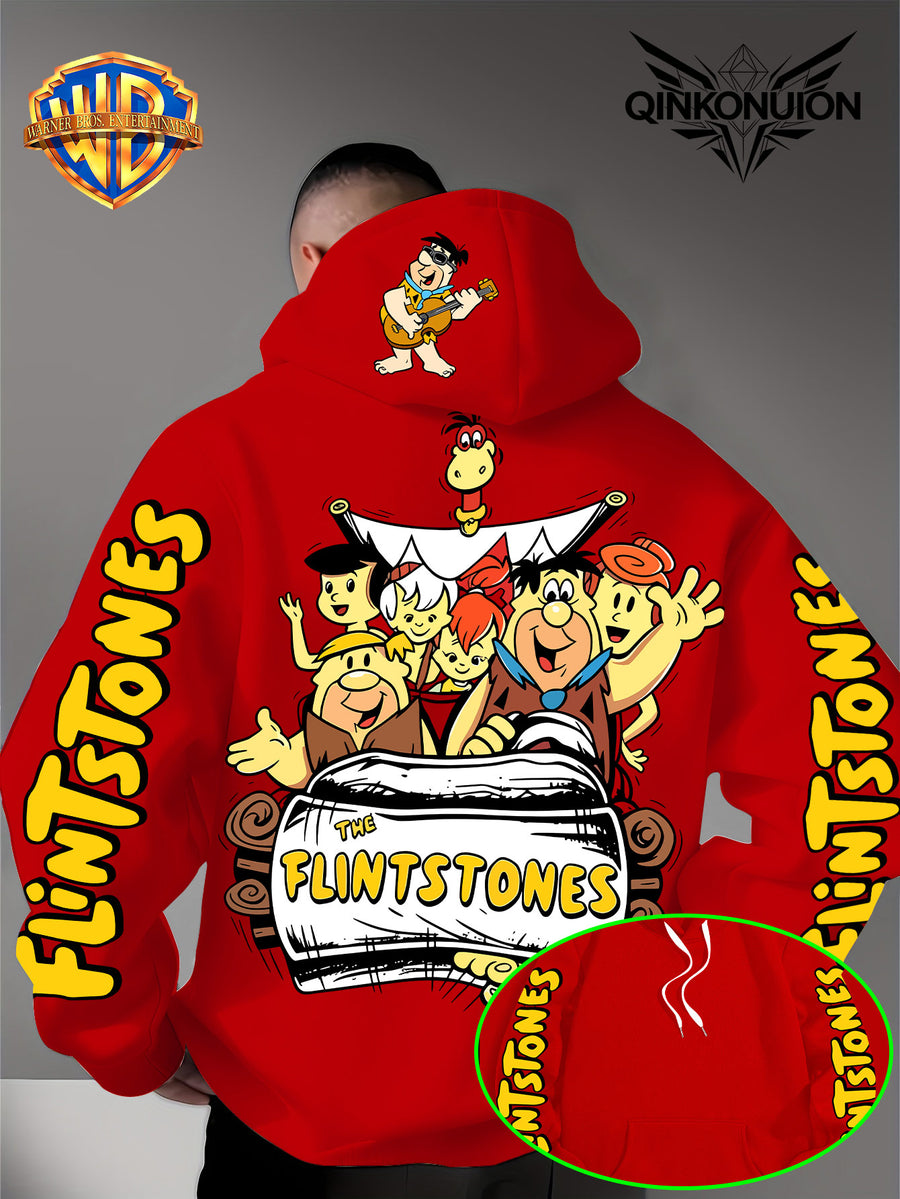 Warner Official Men's Hoodie, Stone Age Family Travel Happy Nostalgic Print Design, Machine Washable, Warm and Casual for Autumn and Winter Daily Drawstring Hoodie, Multi Functional Sports and Leisure Loose Fit - Red
