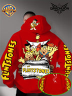 Warner Official Men's Hoodie, Stone Age Family Travel Happy Nostalgic Print Design, Machine Washable, Warm and Casual for Autumn and Winter Daily Drawstring Hoodie, Multi Functional Sports and Leisure Loose Fit - Red
