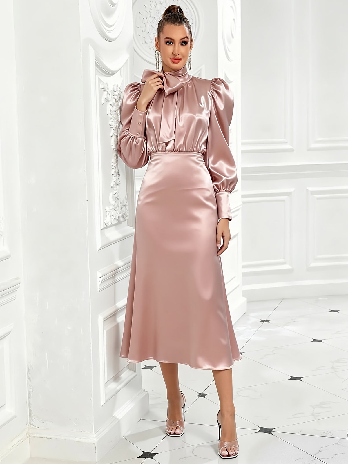Elegant Women's Dress with Large Bow Tie Belt - Pink