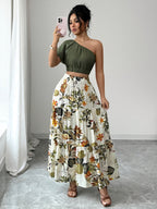 Bohemian Style Women'S Asymmetrical Neckline Short Top, with Raglan Short Sleeves And Ruffled Hem Skirt Two-Piece Set, Floral Pattern, Multicolor Fabric, Camouflage Search - Polychrome