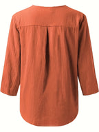 Spring and Autumn Loose Fit Casual Women's Top, Comfortable with Button Decoration and Three-Quarter Sleeves, Suitable for Vacation - Orange-Red