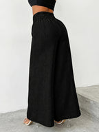 【imitation denim】[Printed Pants - Not Faux Denim Fabric]Women'S Elegant And Fashionable Faux Denim Waist Metal Buckle Elastic Waist Wide-Leg Pants, Solid Color Casual Comfortable Commuting Street Vacation Slightly Loose Straight-Leg Pants - Black