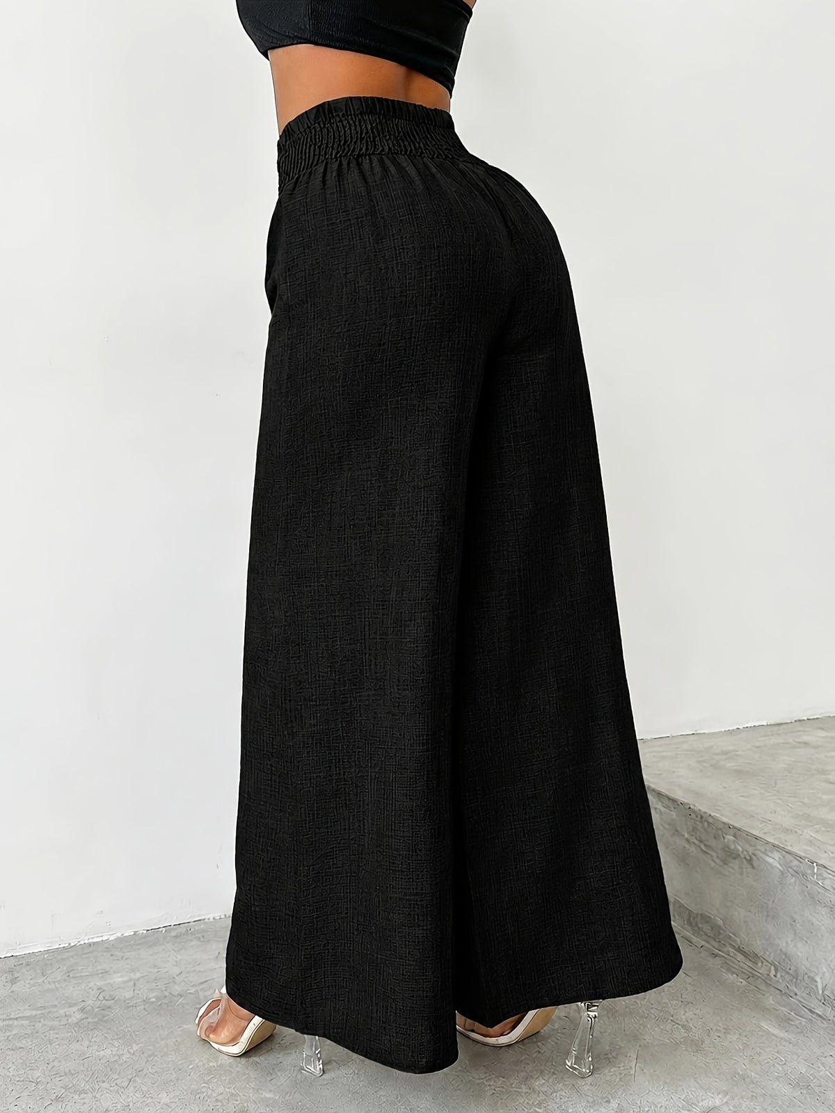 【imitation denim】[Printed Pants - Not Faux Denim Fabric]Women'S Elegant And Fashionable Faux Denim Waist Metal Buckle Elastic Waist Wide-Leg Pants, Solid Color Casual Comfortable Commuting Street Vacation Slightly Loose Straight-Leg Pants - Black