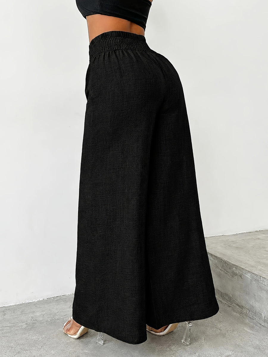 【imitation denim】[Printed Pants - Not Faux Denim Fabric]Women'S Elegant And Fashionable Faux Denim Waist Metal Buckle Elastic Waist Wide-Leg Pants, Solid Color Casual Comfortable Commuting Street Vacation Slightly Loose Straight-Leg Pants - Black