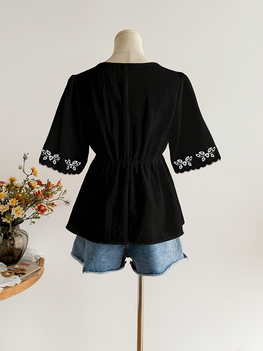 [AK260312266] Women'S Short Sleeve V-Neck Casual Vacation Embroidered Top, Bohemian Easter Beach Outfit, Hawaiian Music Festival Tropical Holiday, Black Summer - Black