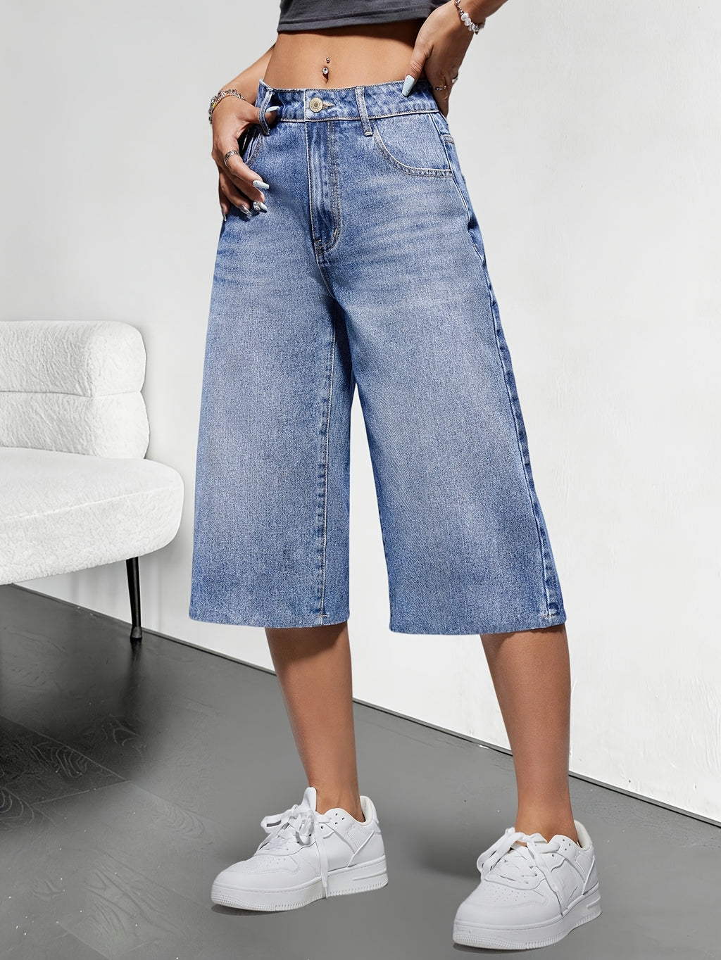 Blue Fashion Slight Elasticity Wide Leg Cropped Pants for Spring/Summer 2026 Denim Jeans - Sky Blue