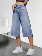 Blue Fashion Slight Elasticity Wide Leg Cropped Pants for Spring/Summer 2026 Denim Jeans - Sky Blue