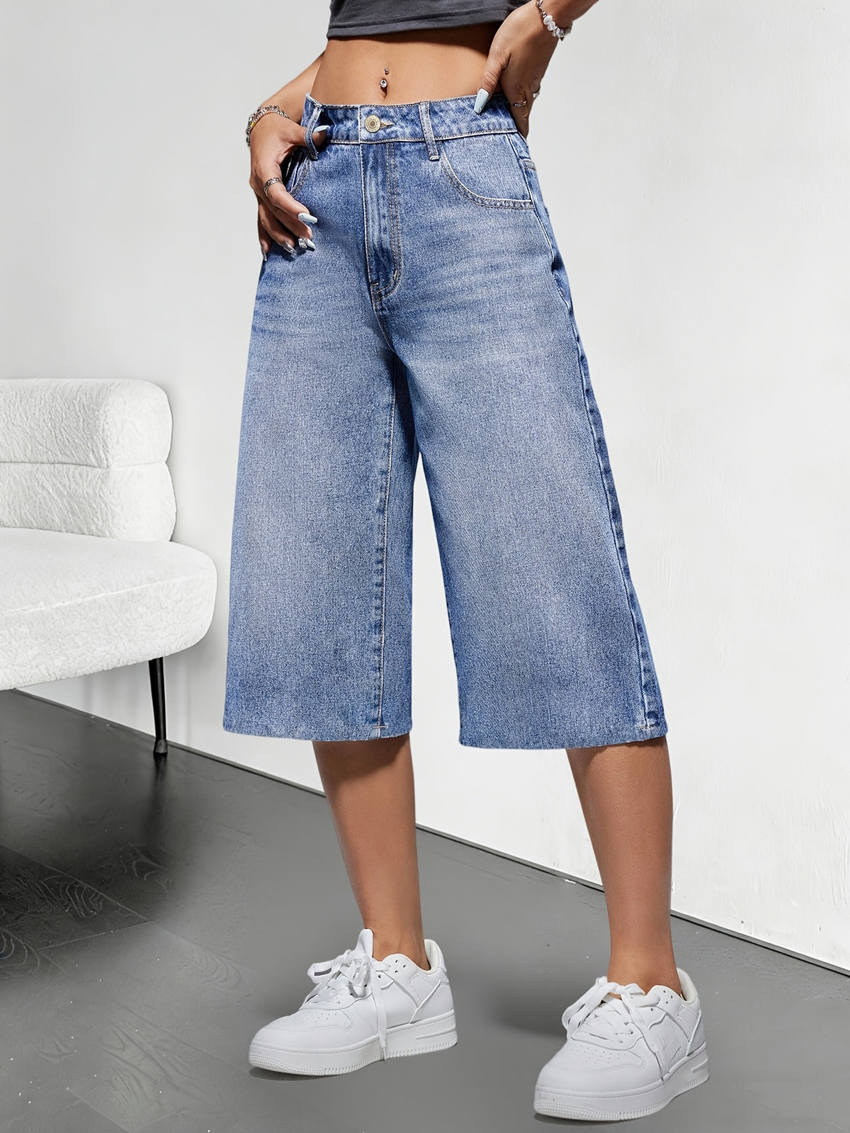 Blue Fashion Slight Elasticity Wide Leg Cropped Pants for Spring/Summer 2026 Denim Jeans - Sky Blue