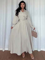 Women's Lapel Off-shoulder Long Sleeve Waist-cinched Flared Skirt, Suitable for Outings, Vacations, Holidays, and Travel. Autumn Women's Long Sleeve Elegant Dress - Apricot