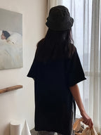 Slit T-Shirt Women'S Summer Loose Korean Rolled Edge Front Short Back Long Short-Sleeved V-Neck Top - Black