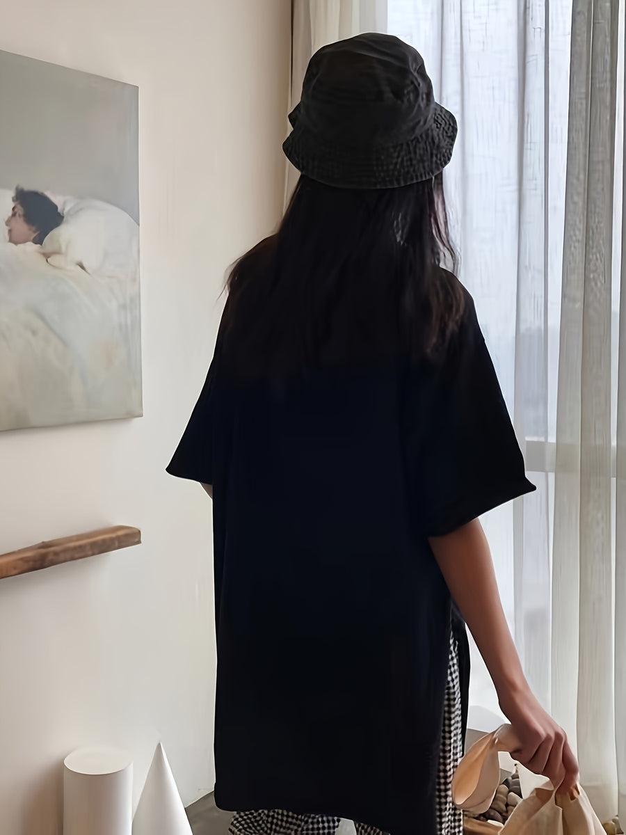 Slit T-Shirt Women'S Summer Loose Korean Rolled Edge Front Short Back Long Short-Sleeved V-Neck Top - Black
