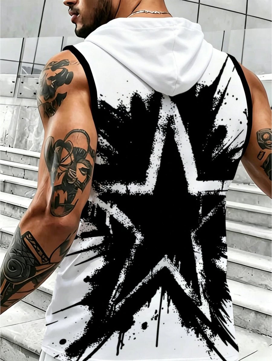 Fashion Hooded Sleeveless Top with Trendy Black and White Splatter Print, Comfortable and Breathable, Suitable for Daily Casual, Sports and Versatile Matching - Mixed colors
