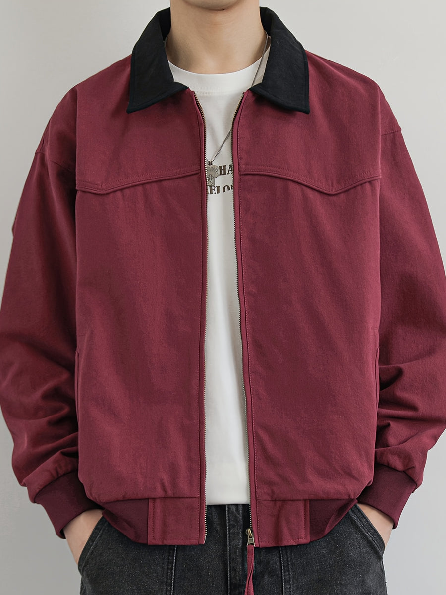 Jingmeleng Selection Men's New Outdoor Workwear Vintage Lapel Jacket - Contrast-Color Corduroy Collar - Solid Color Fabric with Drawstring - Metal Vintage YKK Zipper - Hem and Cuff Ribbed Design - Loose Fit Fashionable Trendy Casual Outerwear - Chili Fruit Red