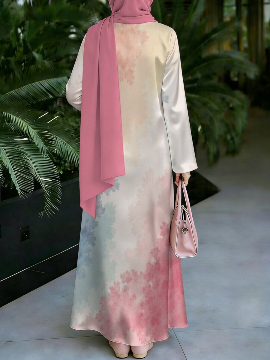 Printed Muslim Robe Style, Muslim Women's Long Dress, Middle Eastern Traditional Cultural Attire, Long-Sleeved Elegant Long Pullover Loose Fit Round Neck Maxi Dress, Floral Robe Dress for Women, Middle Eastern Dubai Arabic Style Loose Fit Long Robe - Mixed colors