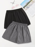 2pcs,Letter Print Drawstring Shorts, Casual Shorts, Women's Clothing - Black+Dark Grey