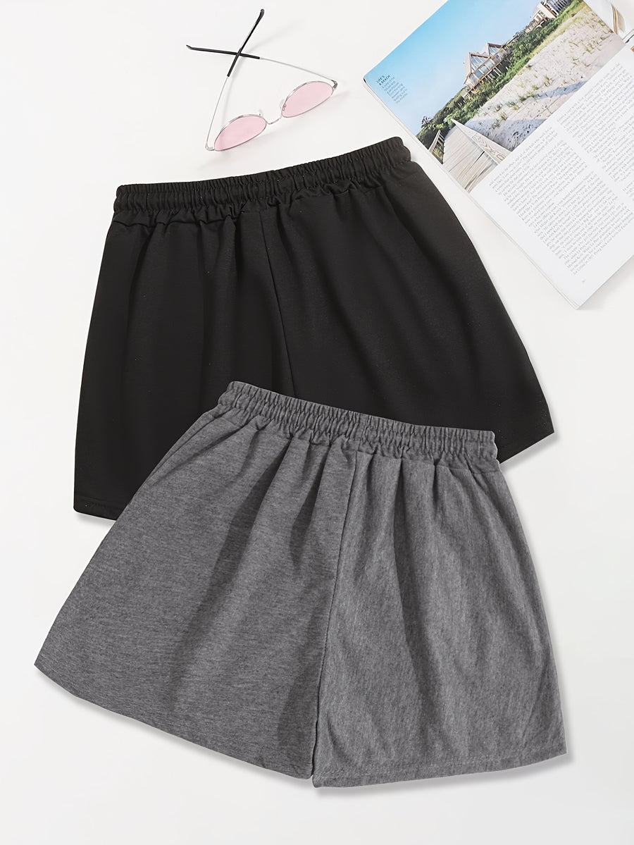 2pcs, Letter Pattern Drawstring Shorts, Casual Shorts, Women'S Clothing - Black+Dark Grey