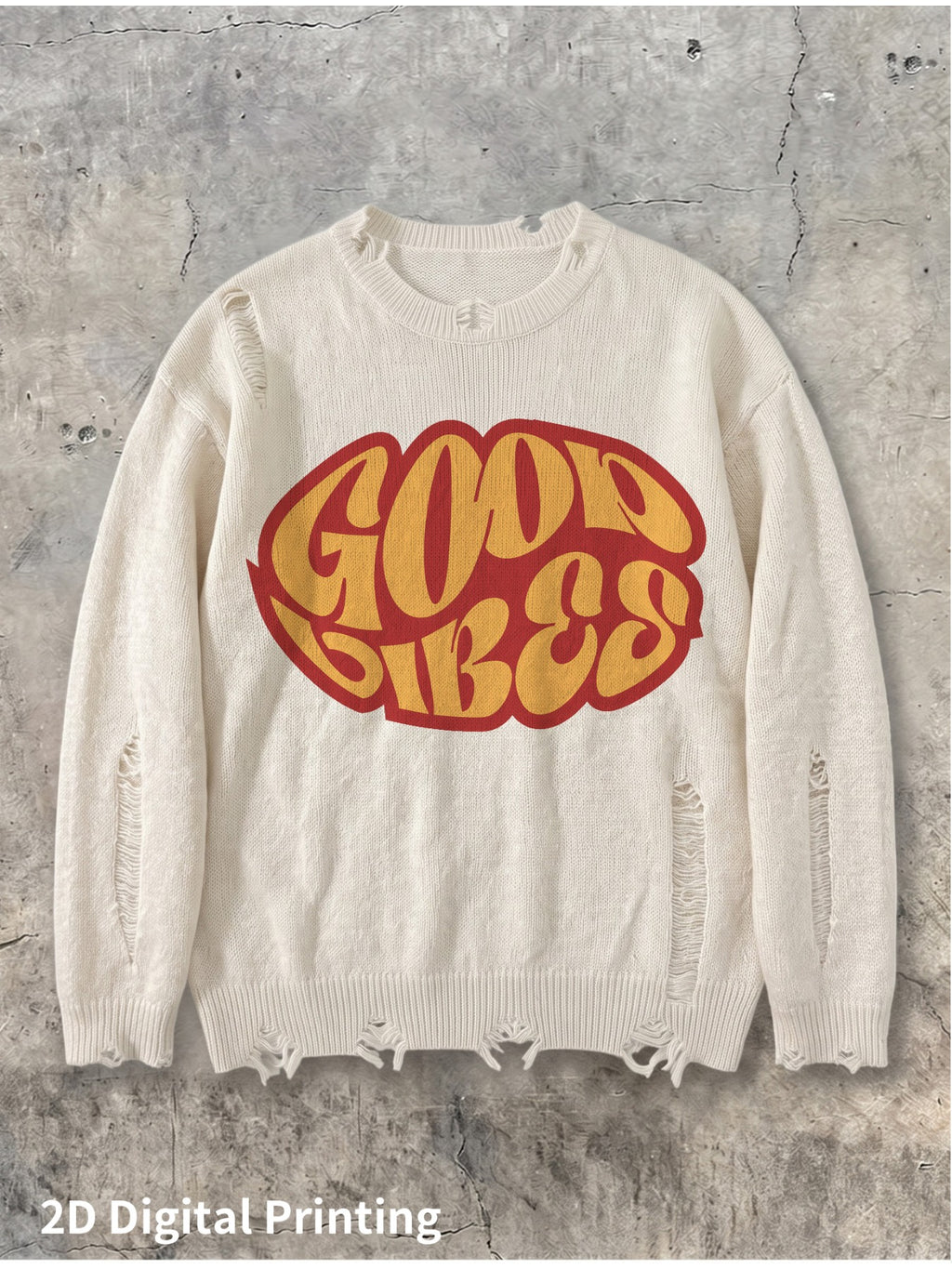 2D Digital Partial Print Men'S Long Sleeve Sweater Base Layer Outerwear Positive Slogan Western Street Style Fashion Trendy All-Match Showcasing Youthful Confidence Strong Easy All-Match Autumn Winter New Knit Sweater - Off-white