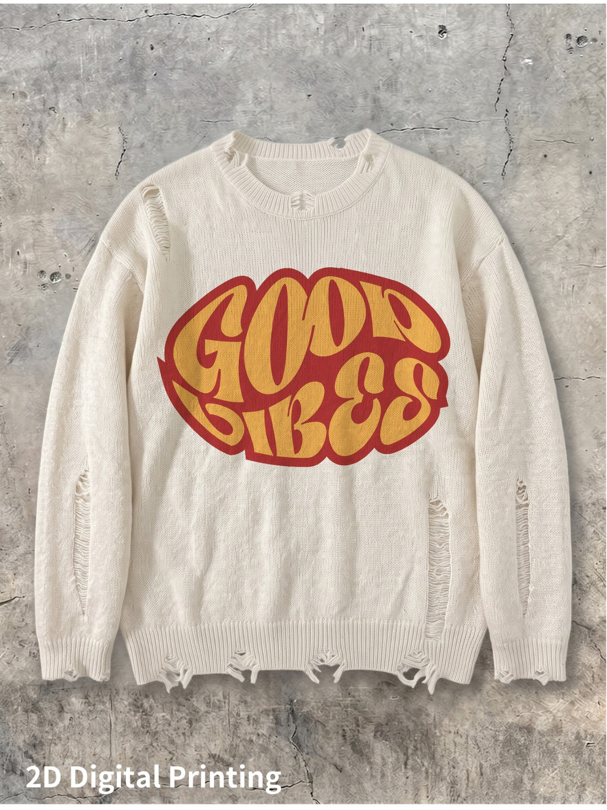 2D Digital Partial Print Men'S Long Sleeve Sweater Base Layer Outerwear Positive Slogan Western Street Style Fashion Trendy All-Match Showcasing Youthful Confidence Strong Easy All-Match Autumn Winter New Knit Sweater - Off-white