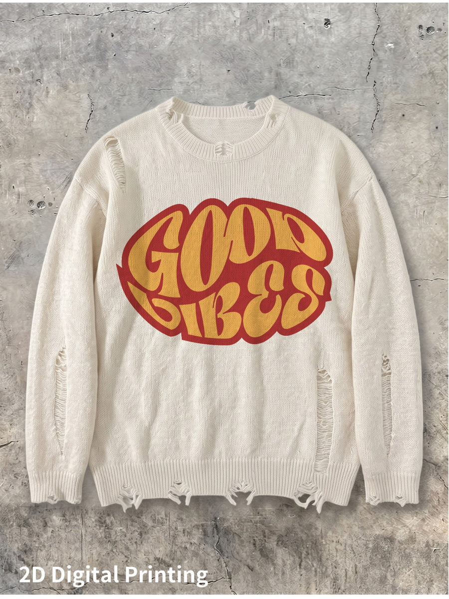 2D Digital Partial Print Men'S Long Sleeve Sweater Base Layer Outerwear Positive Slogan Western Street Style Fashion Trendy All-Match Showcasing Youthful Confidence Strong Easy All-Match Autumn Winter New Knit Sweater - Off-white