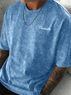 Men's Distressed Short Sleeve T-Shirt - High Street Style Summer Casual Round Neck Tee with Geometric Patterns, Suitable for Layering & Casual Attire, Machine Washable Non- Blouse-Compatible for Brand Retailers - Light Blue