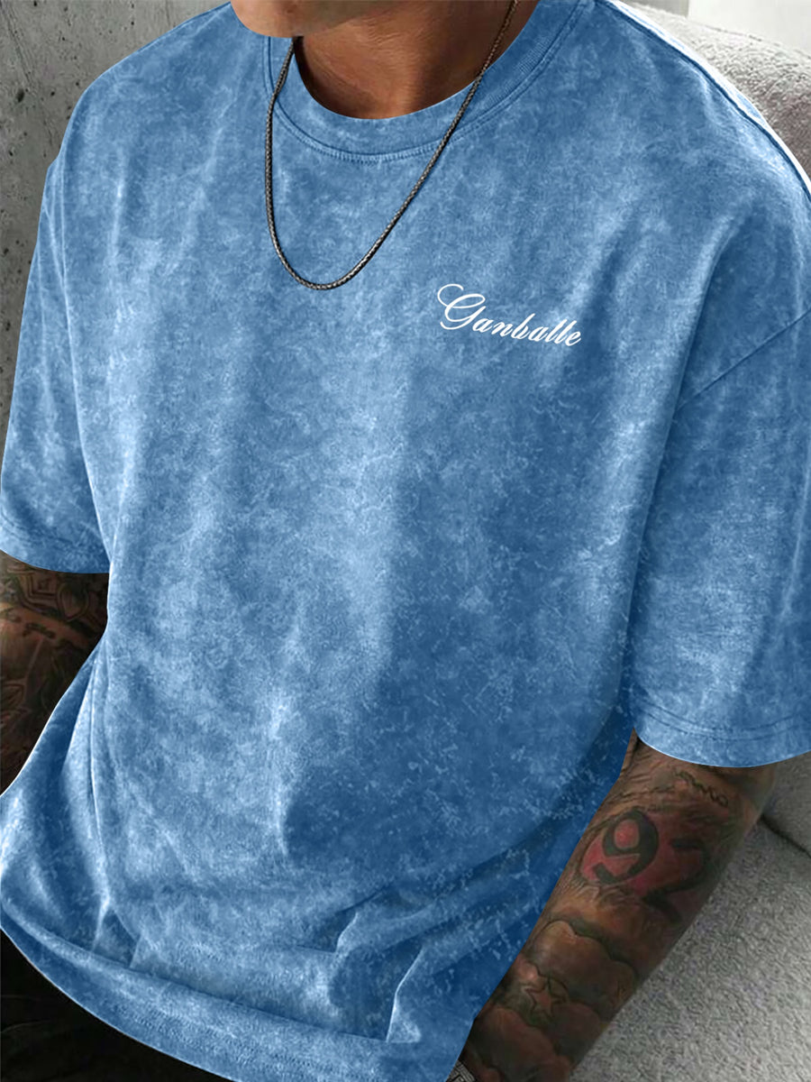 Men's Distressed Short Sleeve T-Shirt - High Street Style Summer Casual Round Neck Tee with Geometric Patterns, Suitable for Layering & Casual Attire, Machine Washable Non- Blouse-Compatible for Brand Retailers - Light Blue