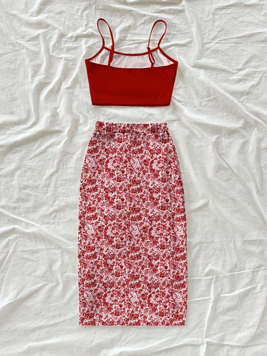 Women's Fashion Casual Floral Print Crop Camisole Top and Bodycon Skirt 2pcs Set - Burgundy