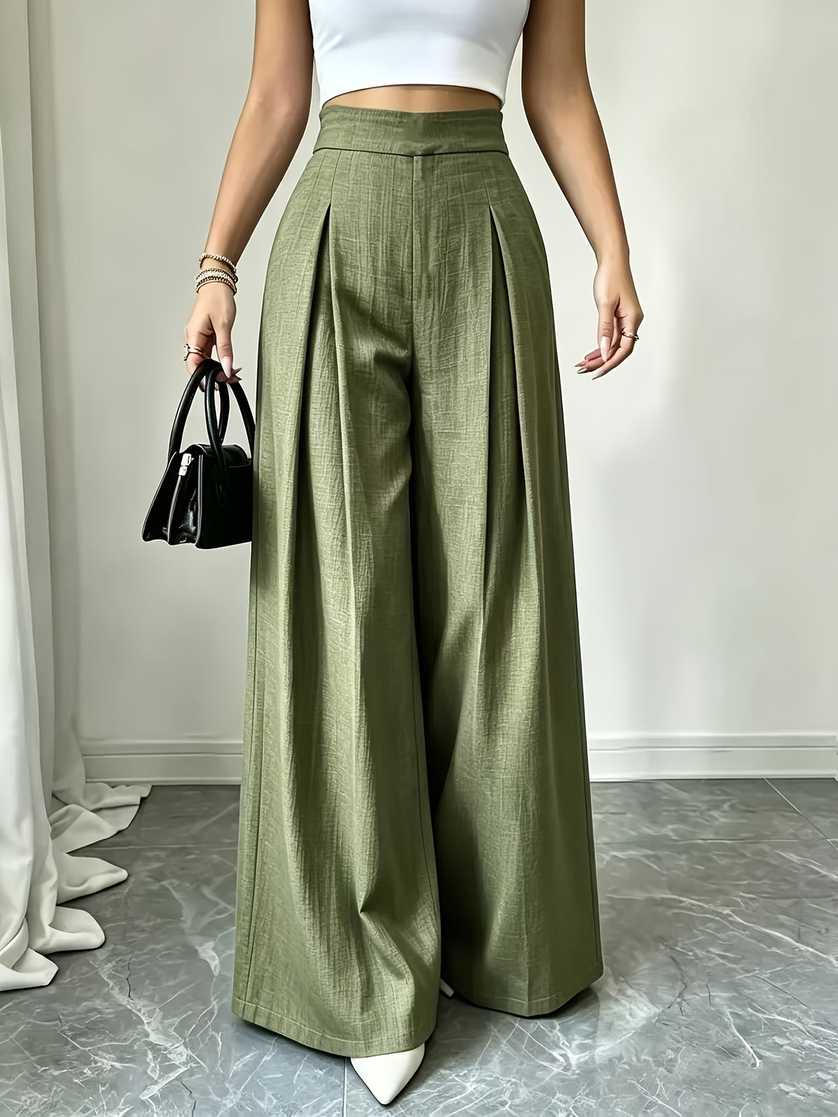 Women'S Dusty Blue Striped Trousers, High-Waist Elegant Summer Commuter Casual Pleated Elastic Waist Wide-Leg Pants, Suitable for Spring And Autumn - Olive Green