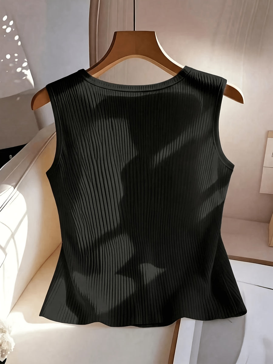 Women's Casual Solid Color Ribbed Tank Top - Black