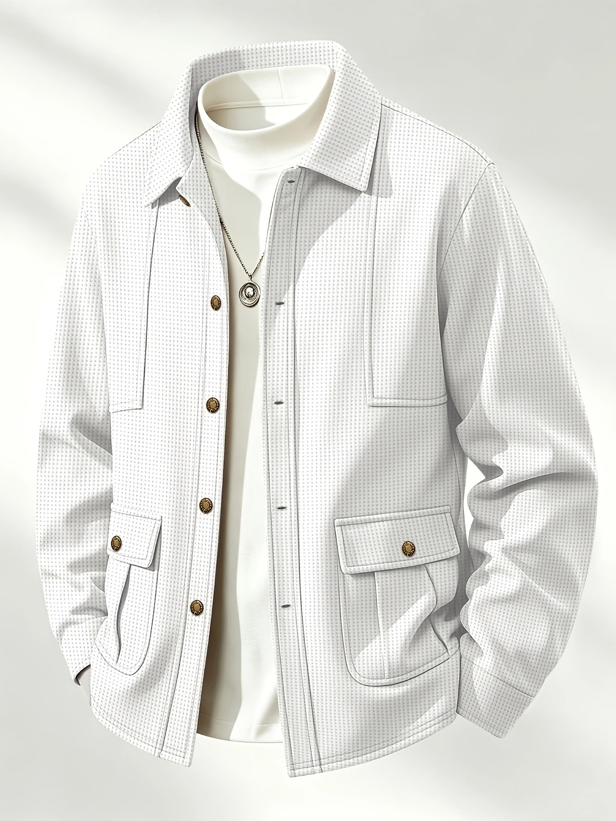 Men's Waffle Knit Jacket with Lapel Collar & Button-Front Closure - Multi-Pocket Workwear Cardigan, Button-Up Buttonhole Pocket Outerwear Suitable for Spring/Autumn, Casual to -Casual Blazer - White