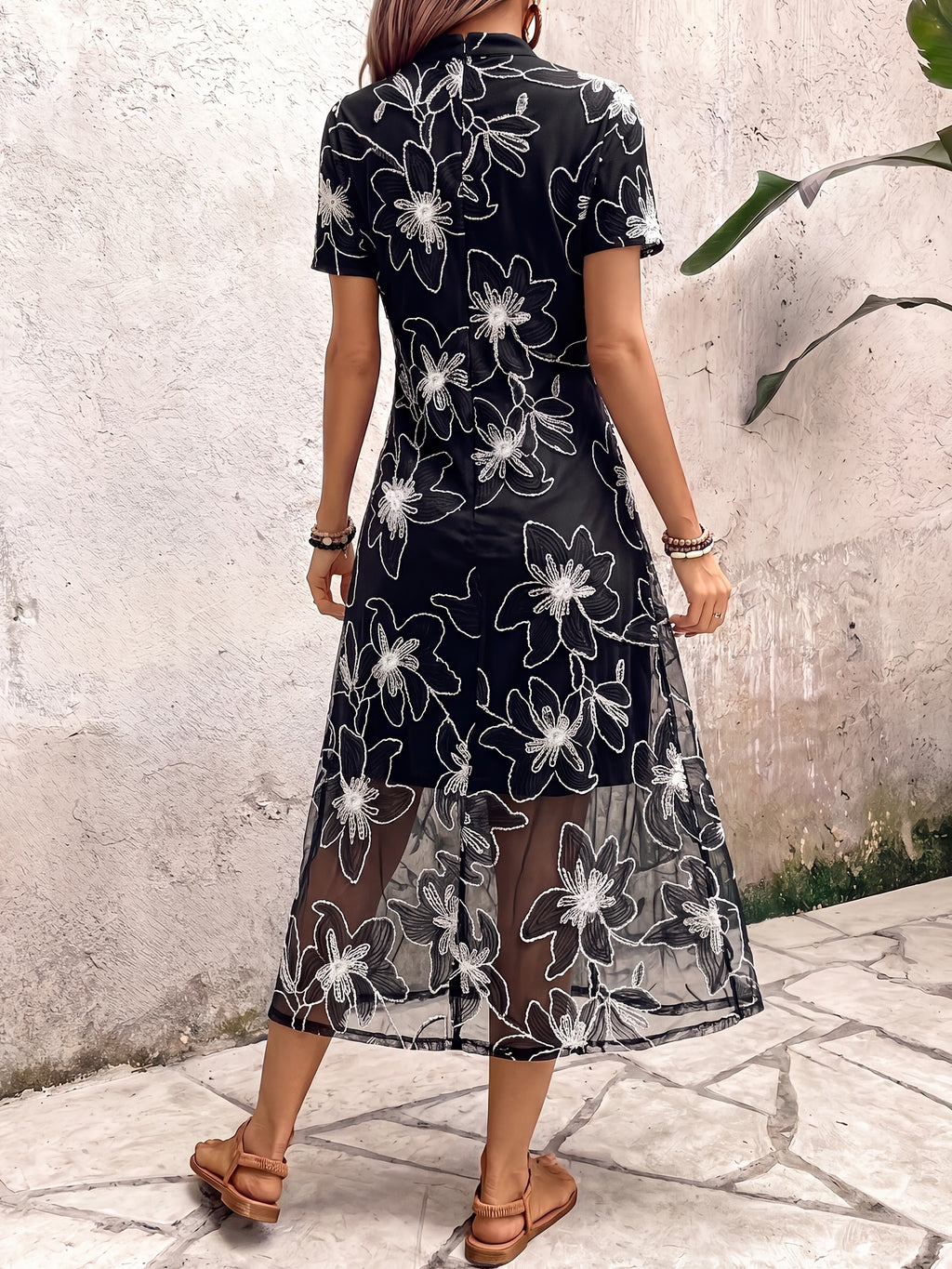 Summer New Arrival Stand Collar Waist Elegant Long Dress, Light Mature Style Mesh Embroidered Dress for Women - Black
