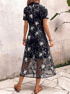 Summer New Arrival Stand Collar Waist Elegant Long Dress, Light Mature Style Mesh Embroidered Dress for Women - Black