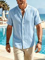 Men'S Summer Stand Collar Short Sleeve Shirt, Lightweight And Breathable Button-Up Top, Loose Casual Shirt for Beach Vacation, Solid Color Mandarin Collar Daily Outfit, Ideal for Holidays, Pool Parties, And Yacht Trips (Shirt solely) - Sky Blue