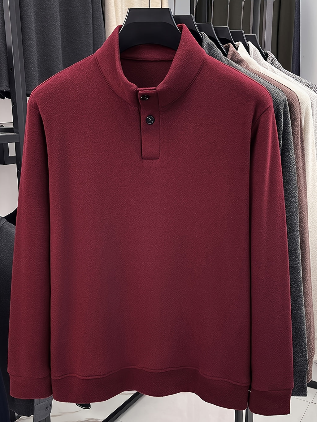 Men's Floral Yarn Stand Collar Long Sleeve Top, Multi-Color Options for Autumn, Half-Button Pullover Base Layer, Fine, Skin-Friendly, and Comfortable Fabric, Suitable for Business Commuting and Business Trips, Loose and Casual Men's Wear for Fishing - Red