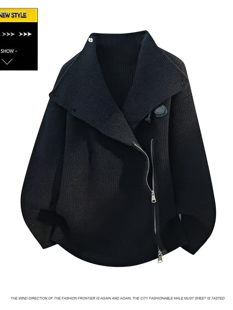 Halloween, Christmas, Thanksgiving, Pre-heat Single-pc Youth Men's Acrylic Knit Cardigan with Irregular Diagonal Zipper, Available in Red, Gray, and Black, Vintage Solid Color Stand-Up Collar Loose Fit Thickened Sweater Coat, Two Collar Style - Black