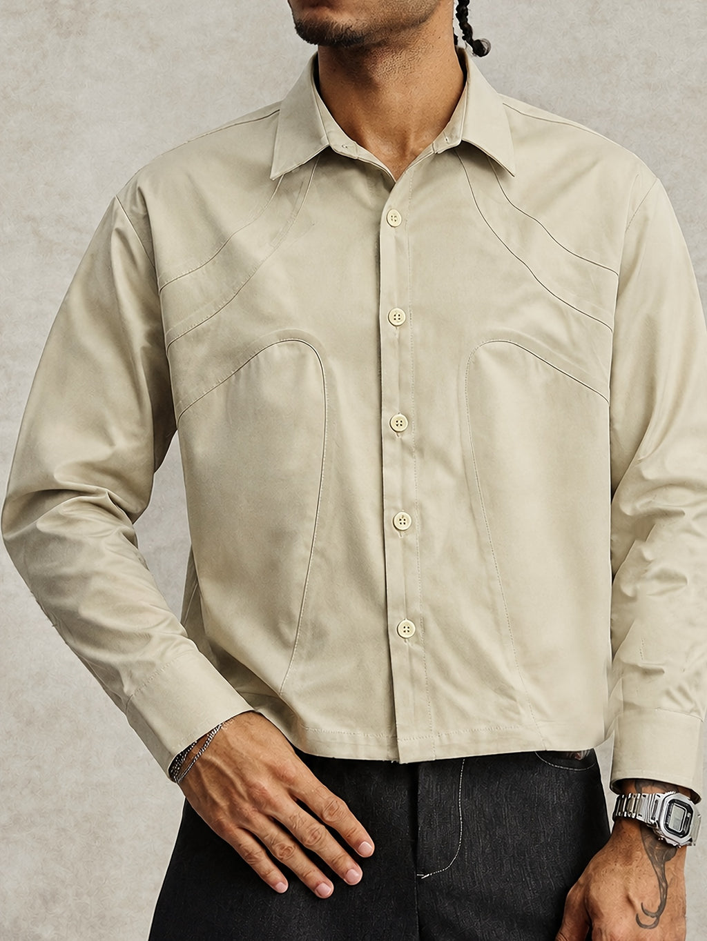 Men's Long-Sleeve Shirt with Split Design, Cropped Lightweight Outer Jacket, Simple Daily Commute Men's Casual Shirt - Apricot