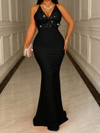 New Fashion Sequin Patchwork Women's Long Dress, Gorgeous and Elegant Ball Gown, Slim-Fit High-Waist Women's Long Dress, Off-Shoulder and Backless Evening Gown for Birthday Parties, Anniversaries, Concerts, Travel Photoshoots, Christmas Dress - Black