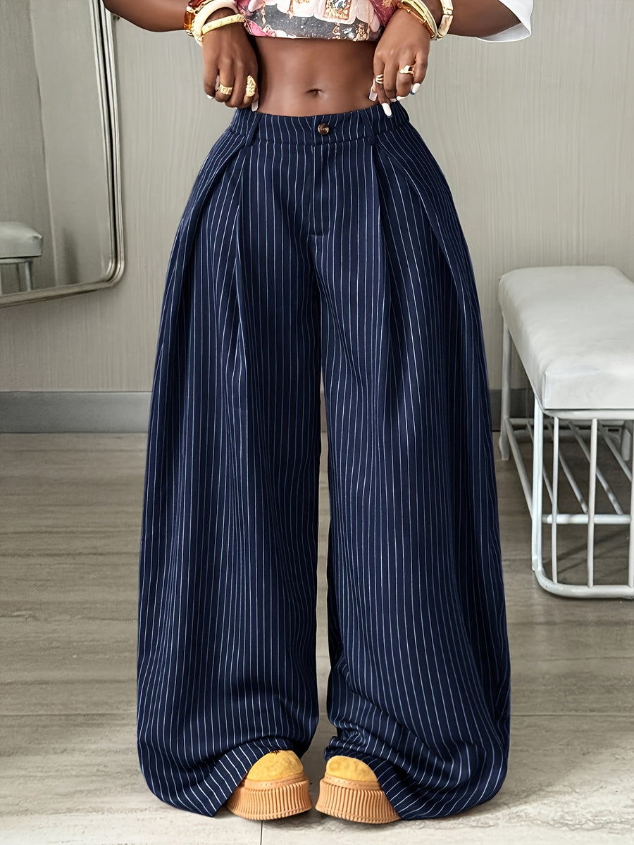 Women's Autumn/Winter Cool Vintage Casual Street Style Oversized Brown Curved Hem Striped Cargo Pants - Navy Color
